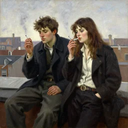 a young man and woman smoking cigarettes a rooftop, oil on canvas painting by william sydney mount