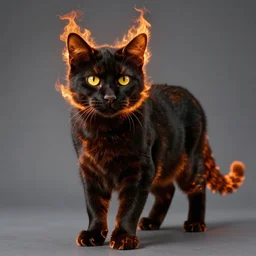 big cat, black, fiery yellow eyes, flaming ears, paws, tail