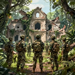 an army of american soldiers wearing camouflage standing in the ruins of a destroyed monastery, they are in a jungle with vines everywhere, digital art, artstationhq