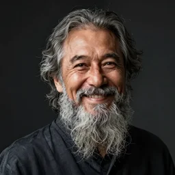 A smiling professor with a flowing grey beard by chiho aoshima, portrait