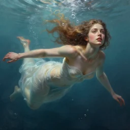 hyper realist matte digital painting of a beautiful woman, floating in water, bubbles rising, fantasy art, photo realistic, dynamic lighting, artstation, volumetric lighting, by mucha, by charlie bowater, by karol bak, by alma tadema