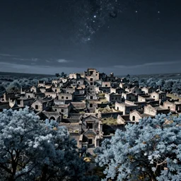 the ruins of a giant village on the horizon, a forest of trees with light blue leaves, a night sky filled with stars