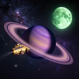 a golden spaceship orbits a ringed purple planet, a luscious green moon is contrasted against a magnificent sky full of galaxies