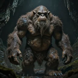 a giant cave troll in the style of lord of the rings, 8 k, moody lighting, shallow depth of field,