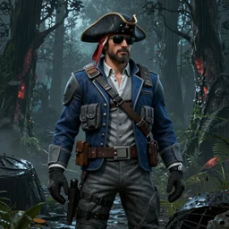 A man in gray combat armor on a blue suit, wearing a pirate cocked hat and sunglasses on his head stands against the background of a radioactive forest, graphics, fallout 4 render, 3d computer render, maximum details, rain, night, spotlight,