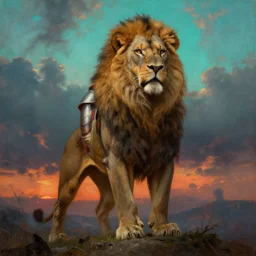 muscular lion as barbarian hunter, full body human legs , chest armor , backlight  body , extreme very textured detailed panoramic portrait oil painting by rembrandt, sunset, dramatic clouds and cyan atmosphere