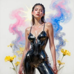 3 d, pink and blue smoke, sun rays, confident fashion model, sweat skin, glare, liquid black metal, yellow flowers, poster art, high detail, intricate oil painting, multiple exposure, white mood, hyperrealism, 3 d, by tooth wu and wlop and beeple and greg rutkowski