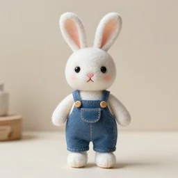 a cute elegant felt plush doll of a rabbit wearing overalls