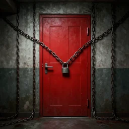 boarded up padlocked red door, in a basement, covered in chains forbidden creepy mood, game art matte painting hyperdetailed, artstation, cgsociety, 8 k, surreal dream landscape