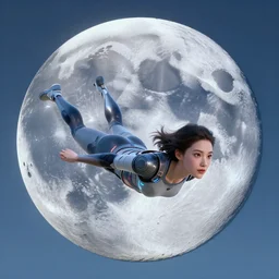 a 3 d render of a cartoon giant moon. there is a woman swimming in the sky wearing sci - fi clothes. the woman has fine facial features. image by beeple and james jean, aya takano color style, 8 k, super detailed, modern, 4 k, symmetrical