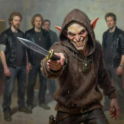 grinning hellpunk the thieving Goblin wearing a grubby brown hoodie sweater whilst pointing a dagger at you chris cold marc simonetti ross tran greg rutkowski dan witz john currin vik muniz robert gober oil painting