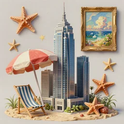 a skyscraper, beach umbrella, beach chair, starfish, oil painting, intricate, dreamy aesthetic, highly detailed, octane render, unreal engine 5, by danton fadeev