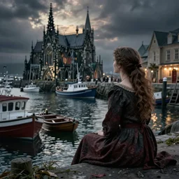 a woman sitting at a harbour looking out at boats. gothic. soft lighting. eerie. folk horror