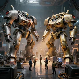 busy repair bays of giant mechas, battletech, dawn lighting, futuristic, automation, highly detailed, artstation, realistic render, photography, intricate detail, volumetric lighting, hdr, 4 k
