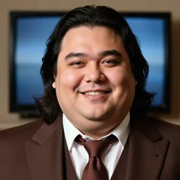 Close up portrait of a clean-shaven chubby man with long black hair wearing a chocolate brown suit and necktie with a television in the background. Photorealistic. Award winning. Dramatic lighting. Intricate details. UHD 8K. He looks happy.