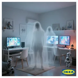 IKEA catalogue photo, ghostly teenager bedroom, screens, TVs, monitors, robots, by Beksiński
