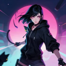a pale skinny white young girl with black hair, the hime cut, 1 8, in a black hoodie, and a cat, apex legends character, digital illustration portrait design, by android jones and greg rutkowski, retrowave color scheme, detailed, cinematic lighting, wide angle action dynamic portrait