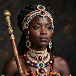 beautiful african woman adorned in jewels, facial jewelry, and a staff