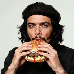 portrait of che guevara eating hamburgers, extra onions and ketchup, luscious patty with sesame seeds, feminine ethereal, handsome, d & d, fantasy, intricate, elegant, highly detailed, digital painting, artstation, concept art, matte, sharp focus, illustration, art by artgerm and greg rutkowski and alphonse mucha