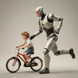 a beautiful ultradetailed fine art vintage photo of a running cyborg father letting go of his kid riding a bicycle, by tom bagshaw and zach sutton, vignette, 2 4 mm lens, wide angle, golden ratio composition, sunset golden hour hues, silhouette, very detailed, humanoids, industrial robots, artstation, 8 k, highly coherent