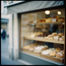 kodak portra 4 0 0, muted colours portrait by saul leiter of french bakery, tiny gaussian blur, insanely detailed, insanely intricate, depth of field