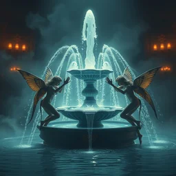 trio nymphs circling a fountain, very detailed, realistic, well lit, beautiful atmosphere, smoke, cinematic, artstation