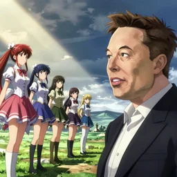 anime key visual of Elon musk smugly looking at anime waifus, pixiv