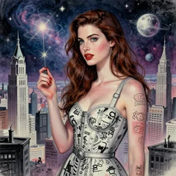 a sketch, ultra detailed, mystical travel, magic, universe, beautiful woman, similar to anne hathaway, surreal city, in style of jean - michel basquiat, trending on artstation