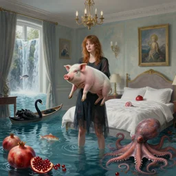 tall emo girl holding a pig in her flooded bedroom, pomegranates, octopus, luxury apartment, art on the walls, surreal photography, fish, zen, waterfall, black swans, canoe, berries, surrealist, digital painting, artstation, by simon stalenhag and magritte