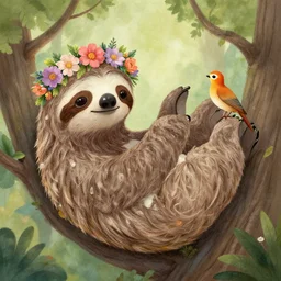 fairy sloth with a crown of flowers by Jeffrey Smith and Erin Hanson and Chad Knight