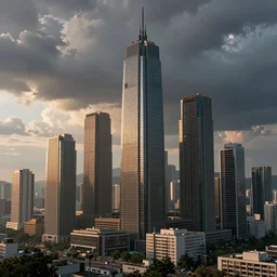 art of a futuristic city from the year 2 6 7 6 ad, full of brutalist architecture by rembrandt, evening lighting, cumulonimbus clouds.
