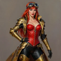 Steampunk Pin-up girl, alluring, latina skin, red hair, long straight hair, fully armor, red corset, black skintight bodysuit underneath armor!, brass colored armor coat, gears, goggles on forehead, posing, trending on artstation, artstationHD, artstationHQ, acrylic painting, realism