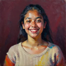 detailed portrait in playful femininity, ethnic, statuesque, happy realistic face, casual wear, knit top, bathed in morning light, chiaroscuro, radiosity, impasto impressionism, contrasting highlights, bold color scheme, vibrant, modern fashion, contemporary art, deep rich hues, oil on canvas