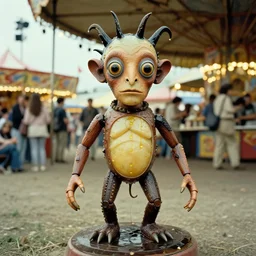 the strange creature at the county fair, made of wax and oil, film still from the movie directed by Denis Villeneuve with art direction by Salvador Dalí, wide lens