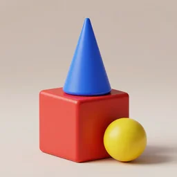3 d blender render of a blue cone sitting on top of a red cube. a yellow sphere is sitting next to the cube