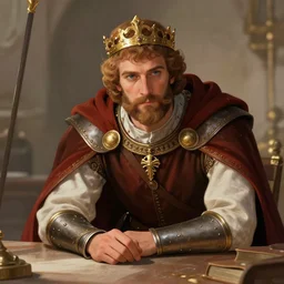 highly detailed, semi realistic contemporary digital illustration, well shaded, portrait of king arthur leaning over a table