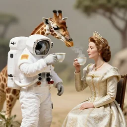 a giraffe astronaut drinking tea with queen isabel, 3 5 mm photography