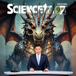 1 9 7 9 science fiction monthly cover depicting great dragon in a suit as a news anchor talking head. perfectly symmetrical face, highly detailed, masterpiece.