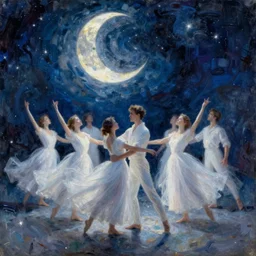 the moonlit dance of the fae, dancers in white, the moonlit dance by marcel caram and elena vizerskaya and ( ivan aivazovsky ), impresion de giclee arte abstracto, fantasy space, 8 k, award winning, atmospheric, artstation, surreal, abstract, volumetric lighting