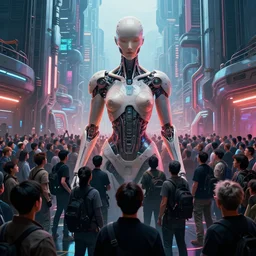 photograph a crowd of people surrounding a giant female biomorphic cyborg in middle of futuristic blade runner 2 0 4 9 seoul korea, by jean moebius giraud, beeple, greg rutkowski. octane render. in the style of the fifth element, cyberpunk 2 0 4 9.