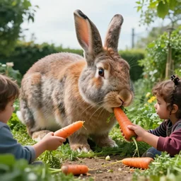 photograph of giant rabbits eating people carrots in the garden full cinematic scene, 4 k realistic photorender