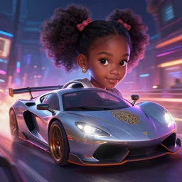 light skinned african american petite girl innocent face with a sports car, night life, neon glow, race, speed, lights, lens flare, d & d, fantasy, intricate, elegant, highly detailed, digital painting, artstation, concept art, matte, sharp focus, illustration, hearthstone, art by artgerm and greg rutkowski and alphonse mucha, by wlop, cinematic atmosphere
