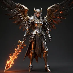 complex 3 d render hyper detailed ultra sharp of a beautiful ornate valkyrie angel of death gorgeous, d & d, medieval dark fantasy, battle armor, fiery weapon, dynamic, octane render, 8 k, hd, art by takeshi obata & satoshi kon & artgerm & billelis & wlop