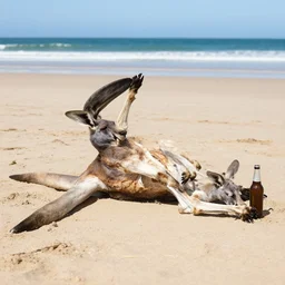 kangaroo laying on the beach drinking a beer