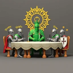 figures wearing celestial symbolism. knights around a king's table. the green knight. a 2 4. flat cozy paper style