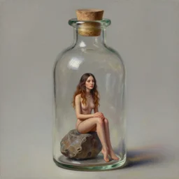 a tiny realistic proportioned genie sitting down inside a glass bottle. beautiful detailed painting by artgerm and magali villanueve and michael whelan