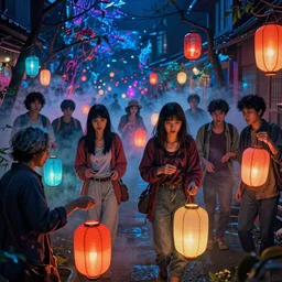 hell, people suffering, evil spirits roam with lanterns, highly saturated colors, overdetailed art, holographic undertones, psychedelic lights and fog, zdzislaw, ayami kojima, yamamoto, barclay shaw, karol bak, hyperrealist, 8 k