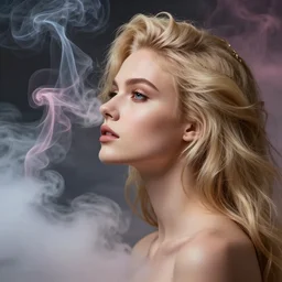 photo of purity, a gorgeous blonde young  girl , searching for eternity, head in the clouds  in the style of stefan kostic, realistic, sharp focus, 8k high definition, high fashion, vogue, insanely detailed, soft light, colorful smoke, intricate, elegant, art by stanley lau and artgerm, sigma 85mm art