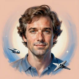 centered detailed portrait, space landscape with starship, art by jean giraud and moebius, volumetric, realistic, expressive emotions, illustration, peach and blue gradients