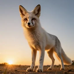a low angle photo of a white tiger fox hybrid, at the golden hour, sunset, sunrise, warm lighting, strongshadows, photo by slim aarons, award winning, 4 k, from below, worms - eye - view, low angle